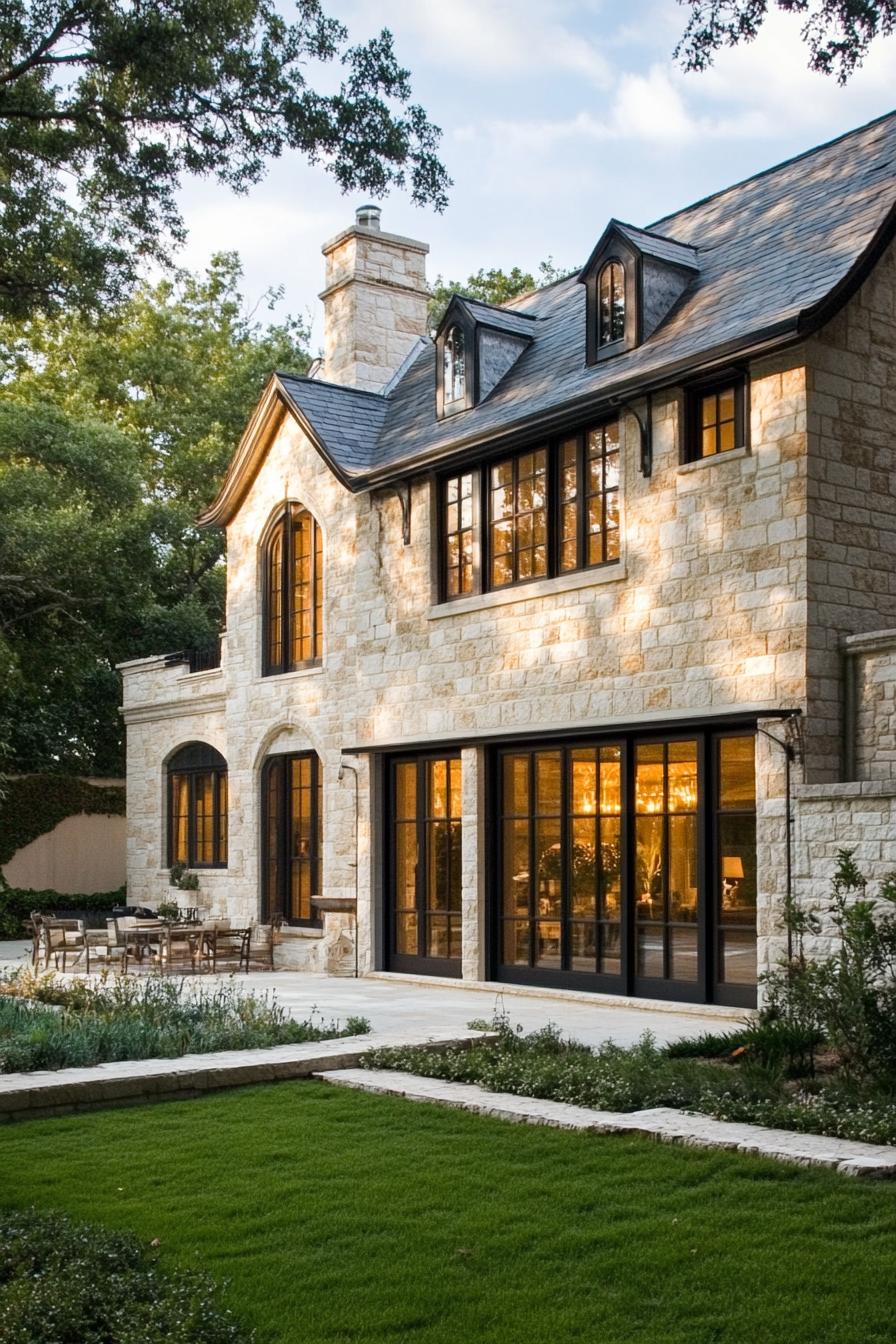 modern French country house stone facade facade with large windows 1