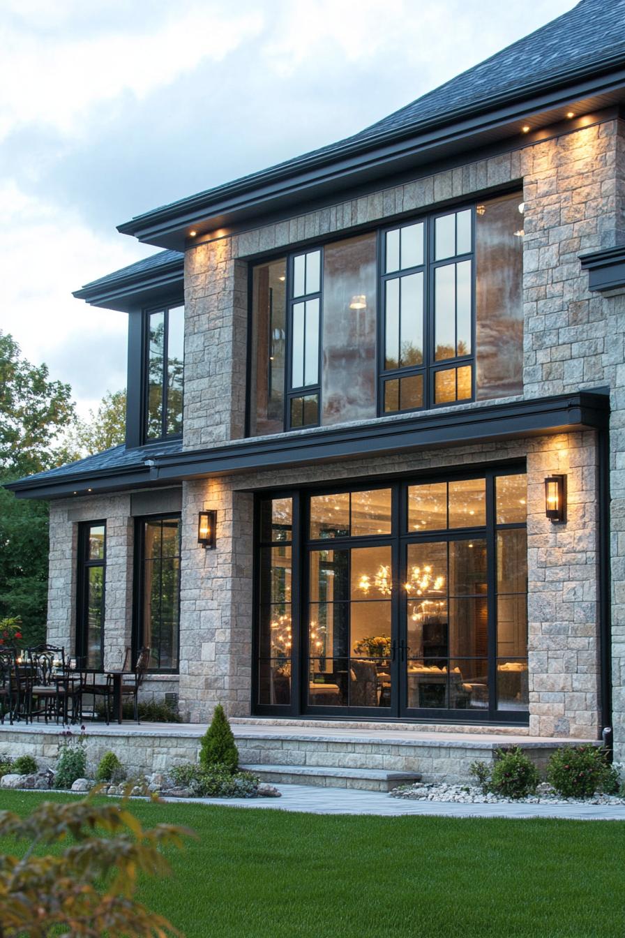 modern French country house stone facade facade with large windows 2