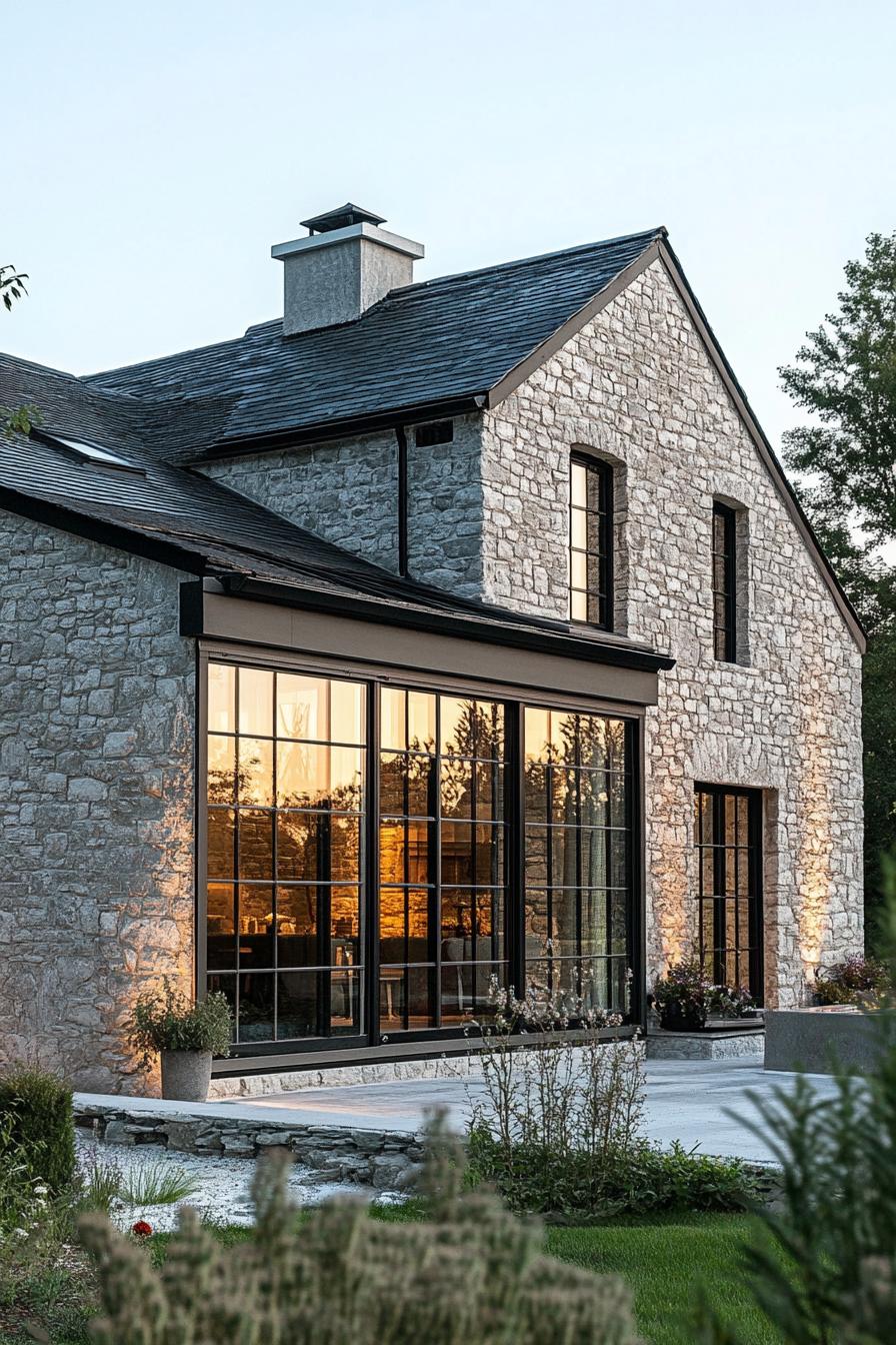 modern French country house stone facade facade with large windows