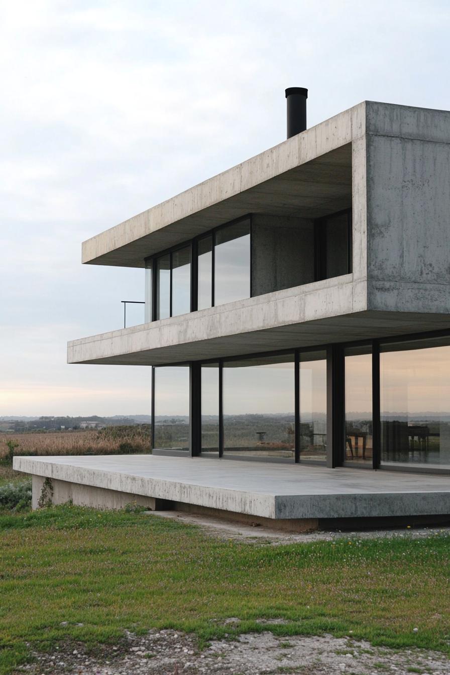 modern French house sleek concrete facade with large glass windows in French countryside 2