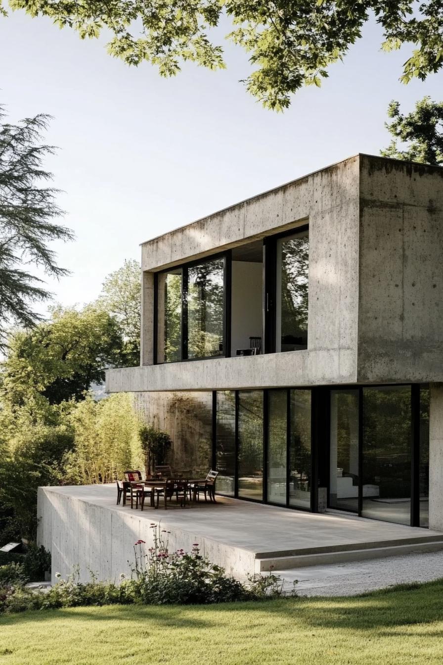 modern French house sleek concrete facade with large glass windows in French countryside