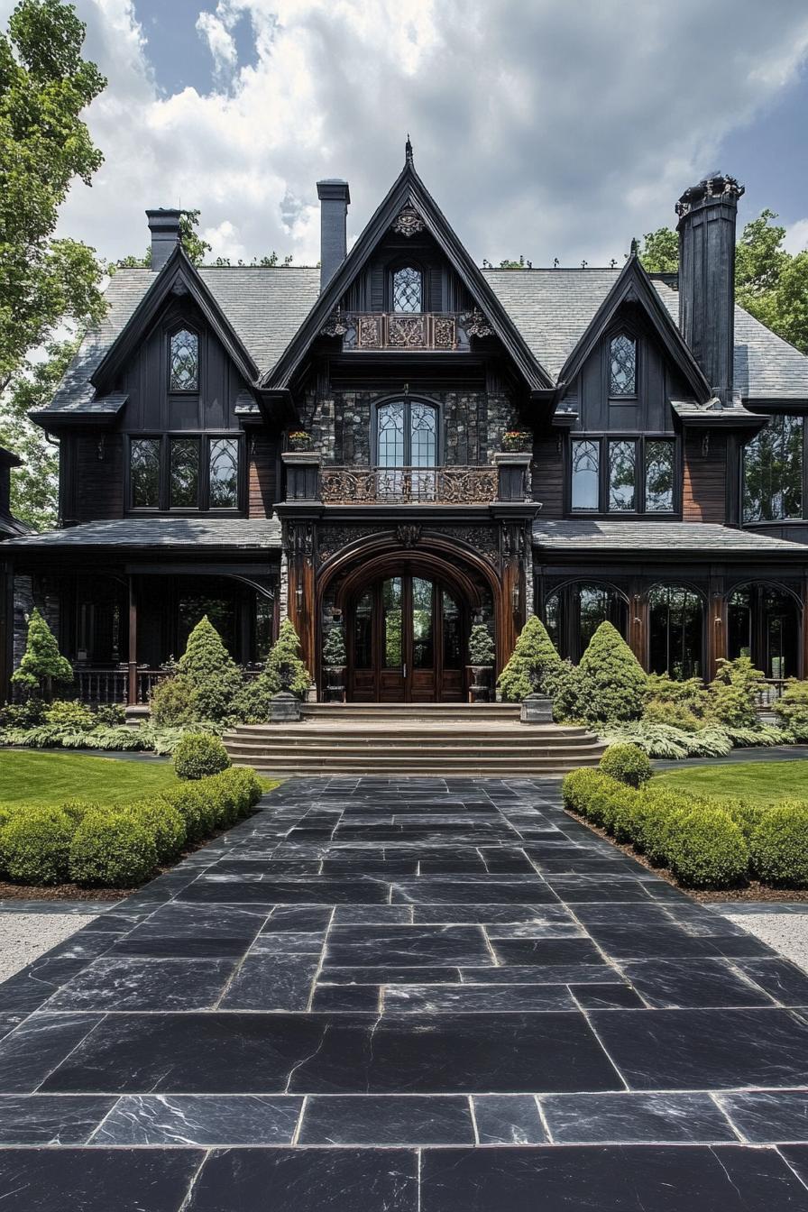 modern Gothic style black marble and dark wood mansion 1