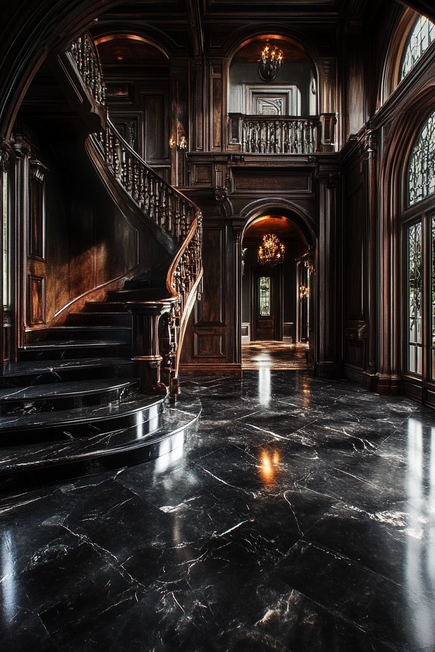 modern Gothic style black marble and dark wood mansion 2