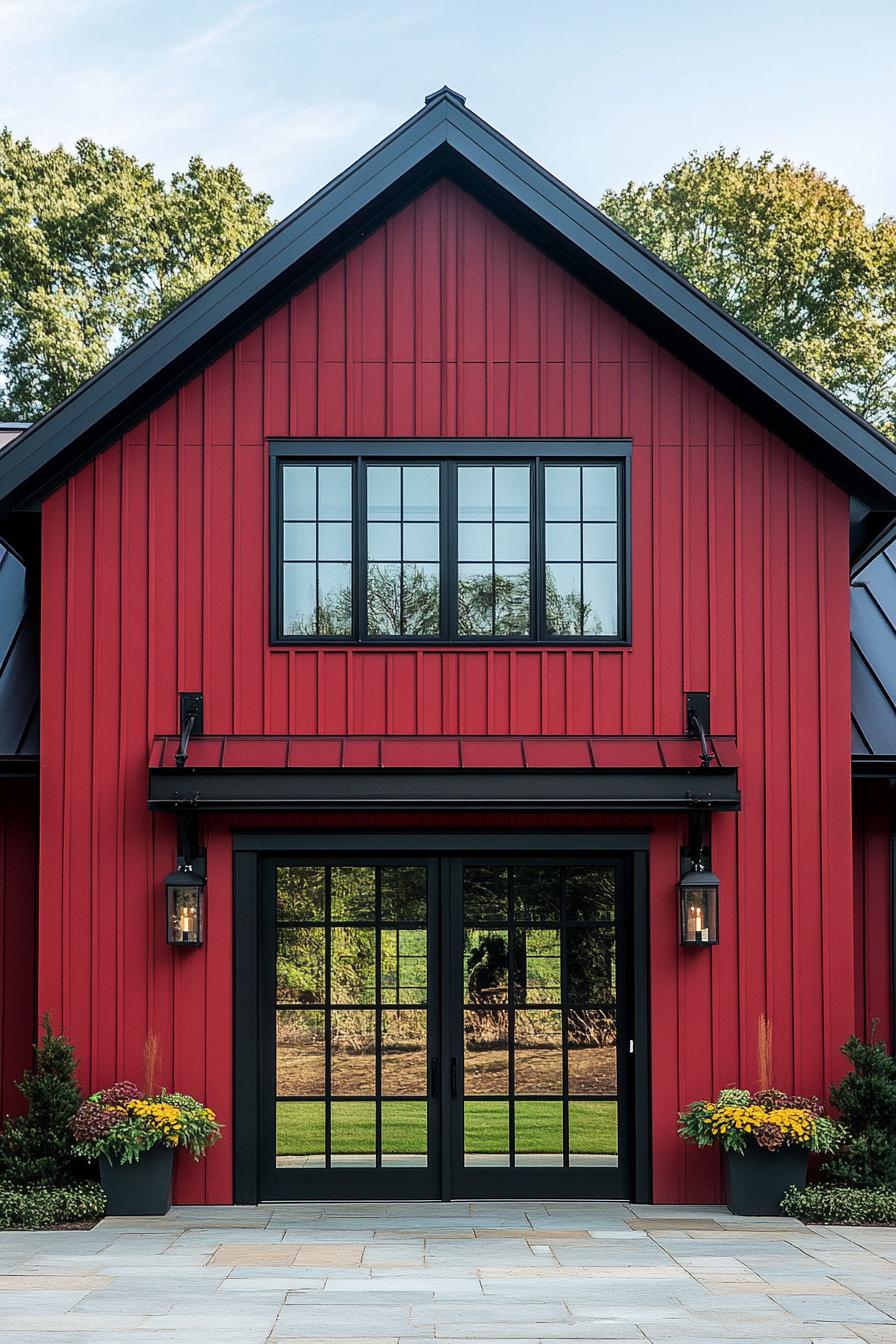 modern barn style red house facade with black barn doors in a green farmhouse 1