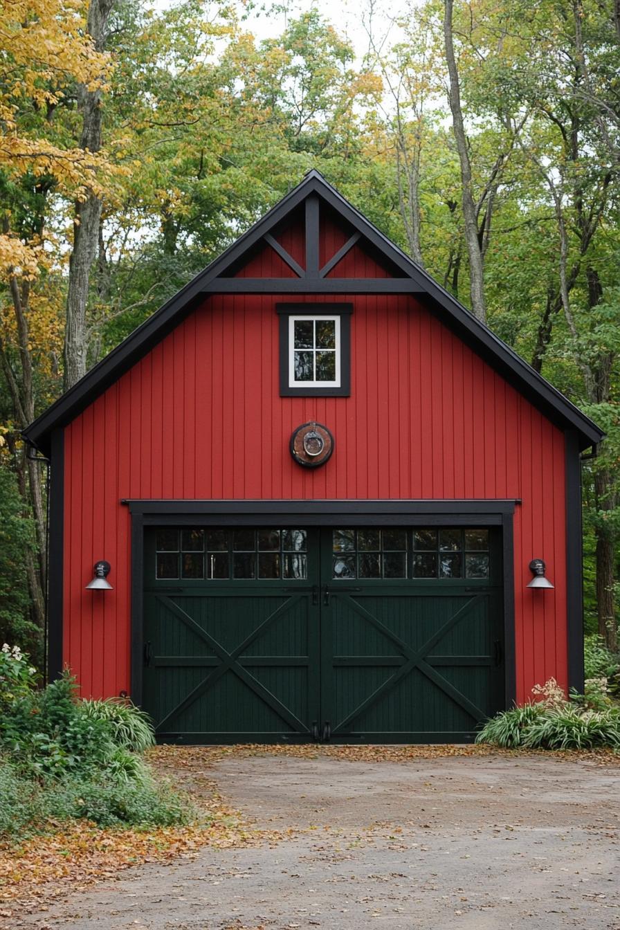 modern barn style red house facade with black barn doors in a green farmhouse 2