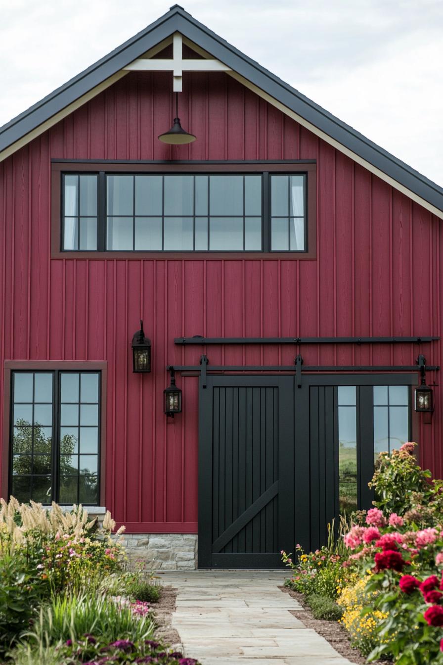 modern barn style red house facade with black barn doors in a green farmhouse 3