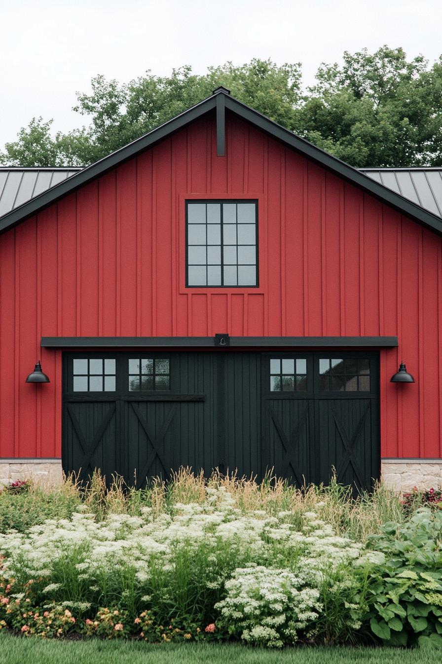 modern barn style red house facade with black barn doors in a green farmhouse