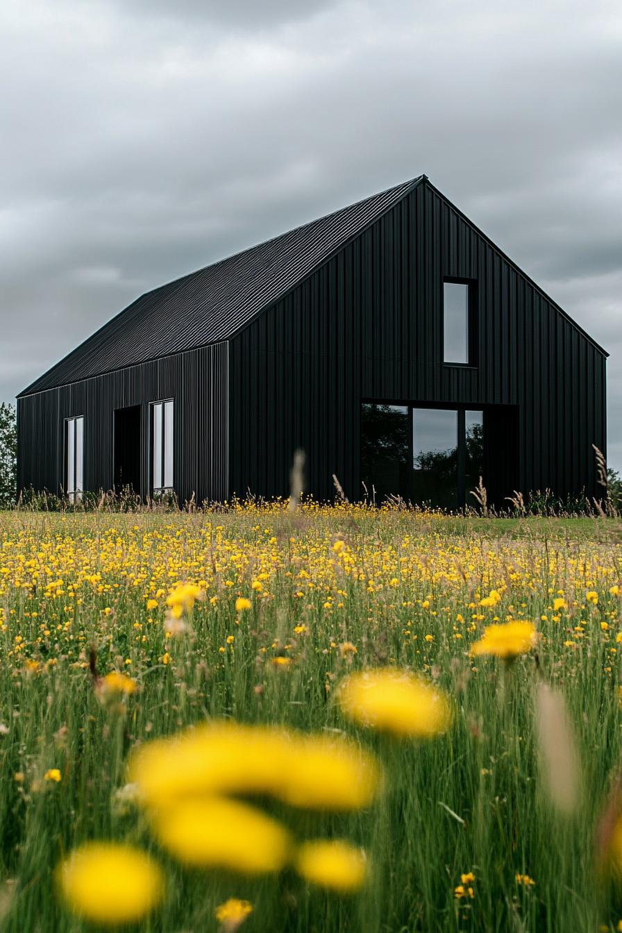 modern barndominium charcoal black facade in stunning farmhouse meadow with yellow flowers 1