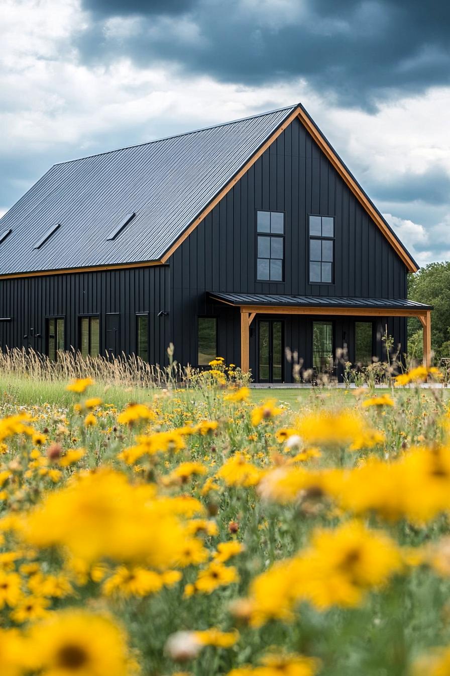 modern barndominium charcoal black facade in stunning farmhouse meadow with yellow flowers 2