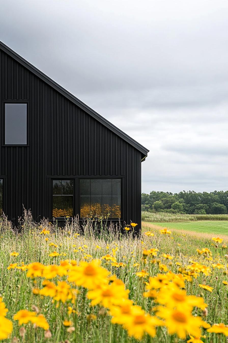 modern barndominium charcoal black facade in stunning farmhouse meadow with yellow flowers 3