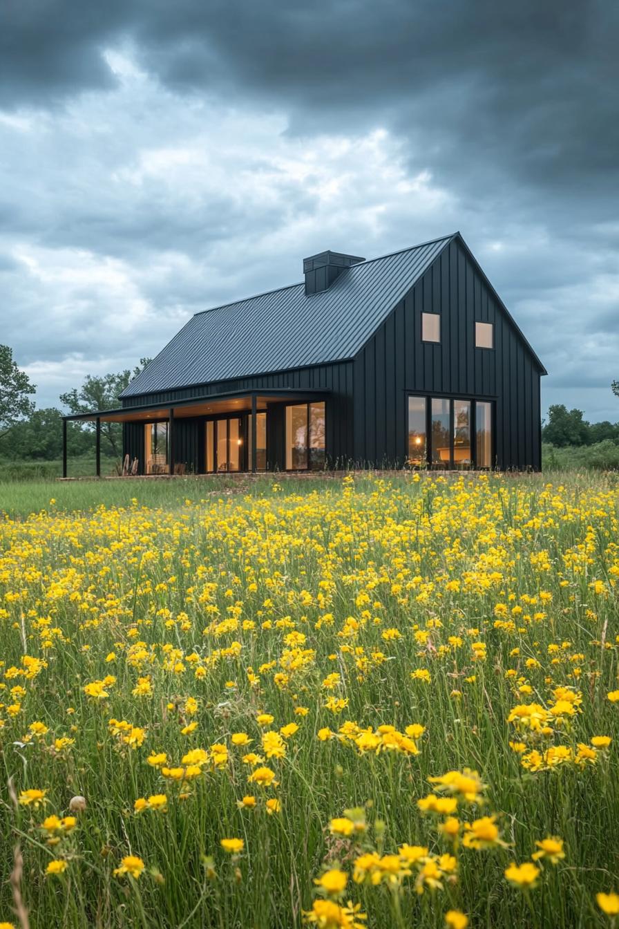 modern barndominium charcoal black facade in stunning farmhouse meadow with yellow flowers