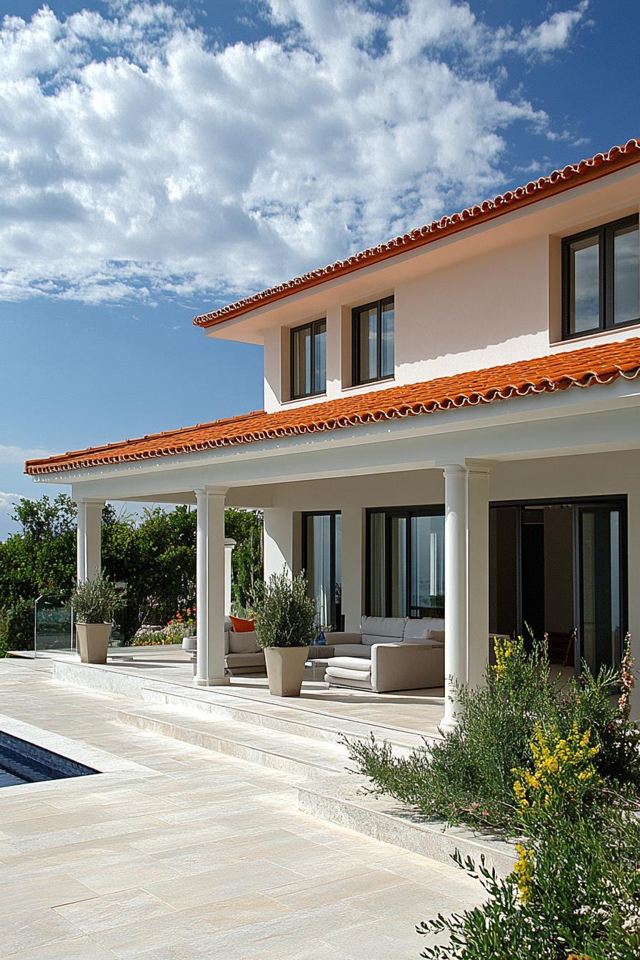 modern big villa with terracotta roof on Greece coast