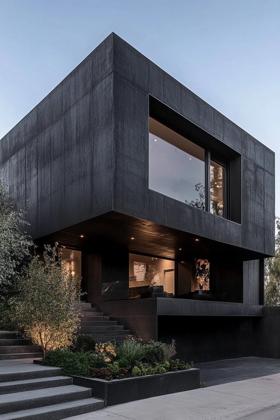 modern dark house black steel and concrete facade 2