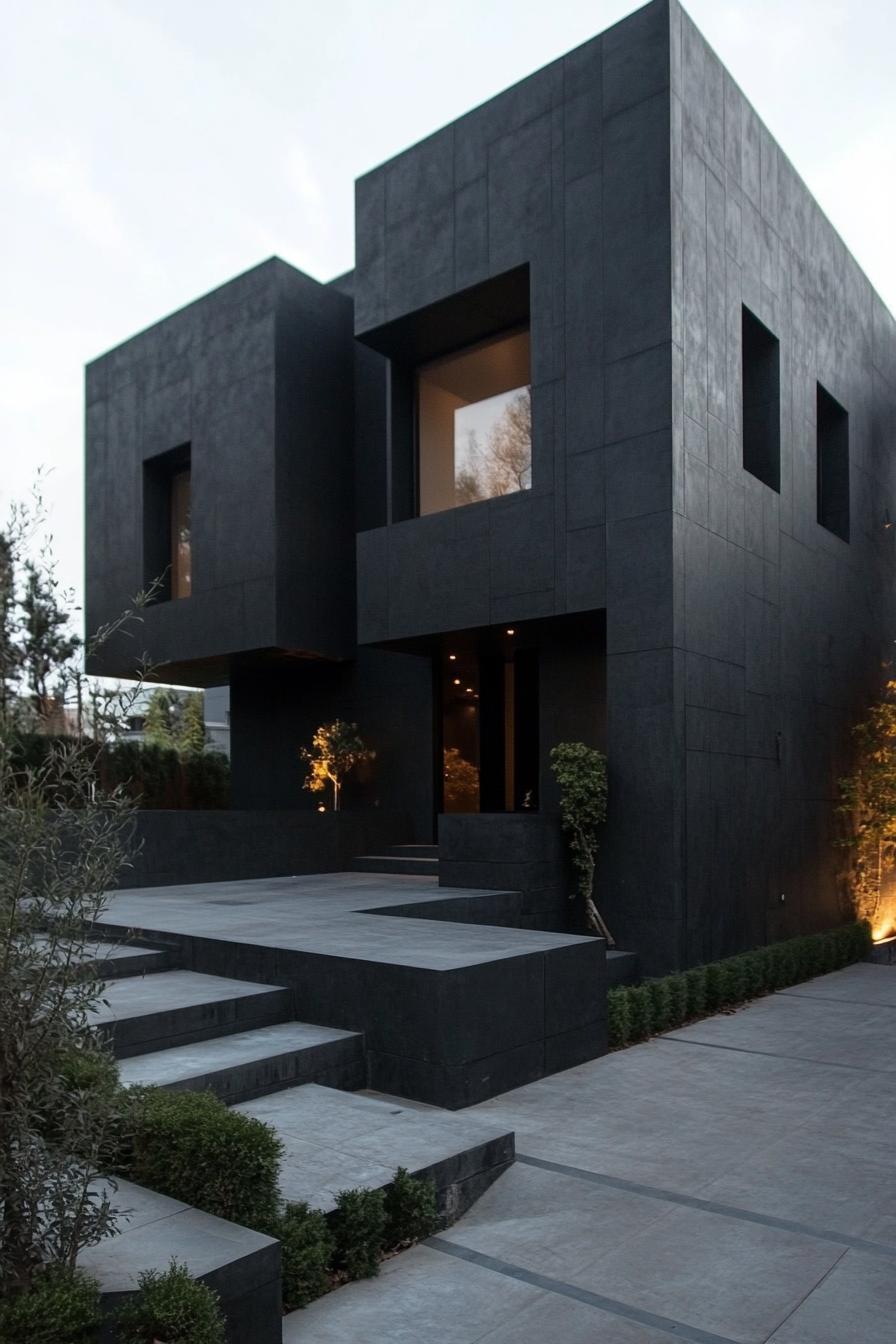 modern dark house black steel and concrete facade 3