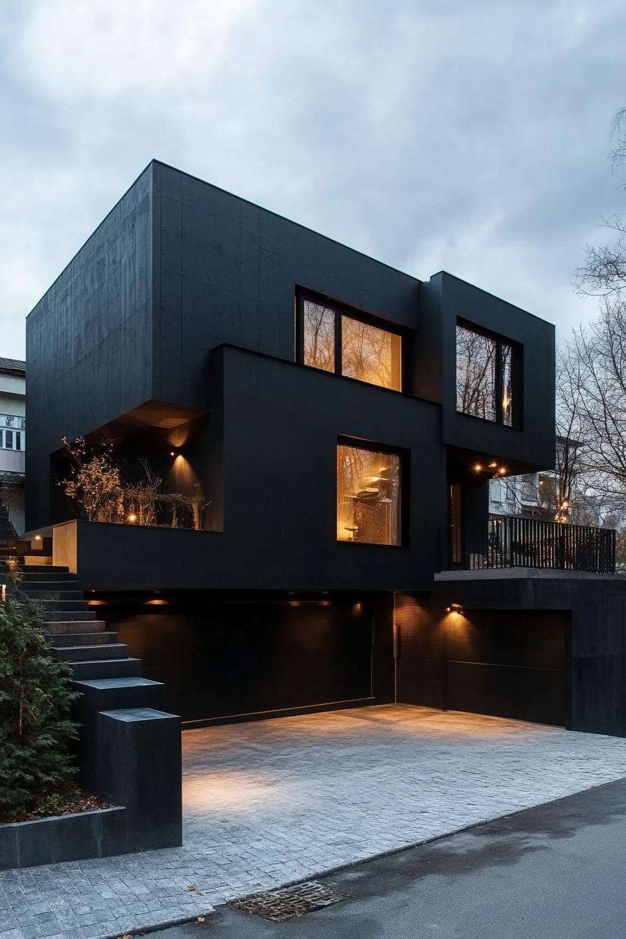 modern dark house black steel and concrete facade