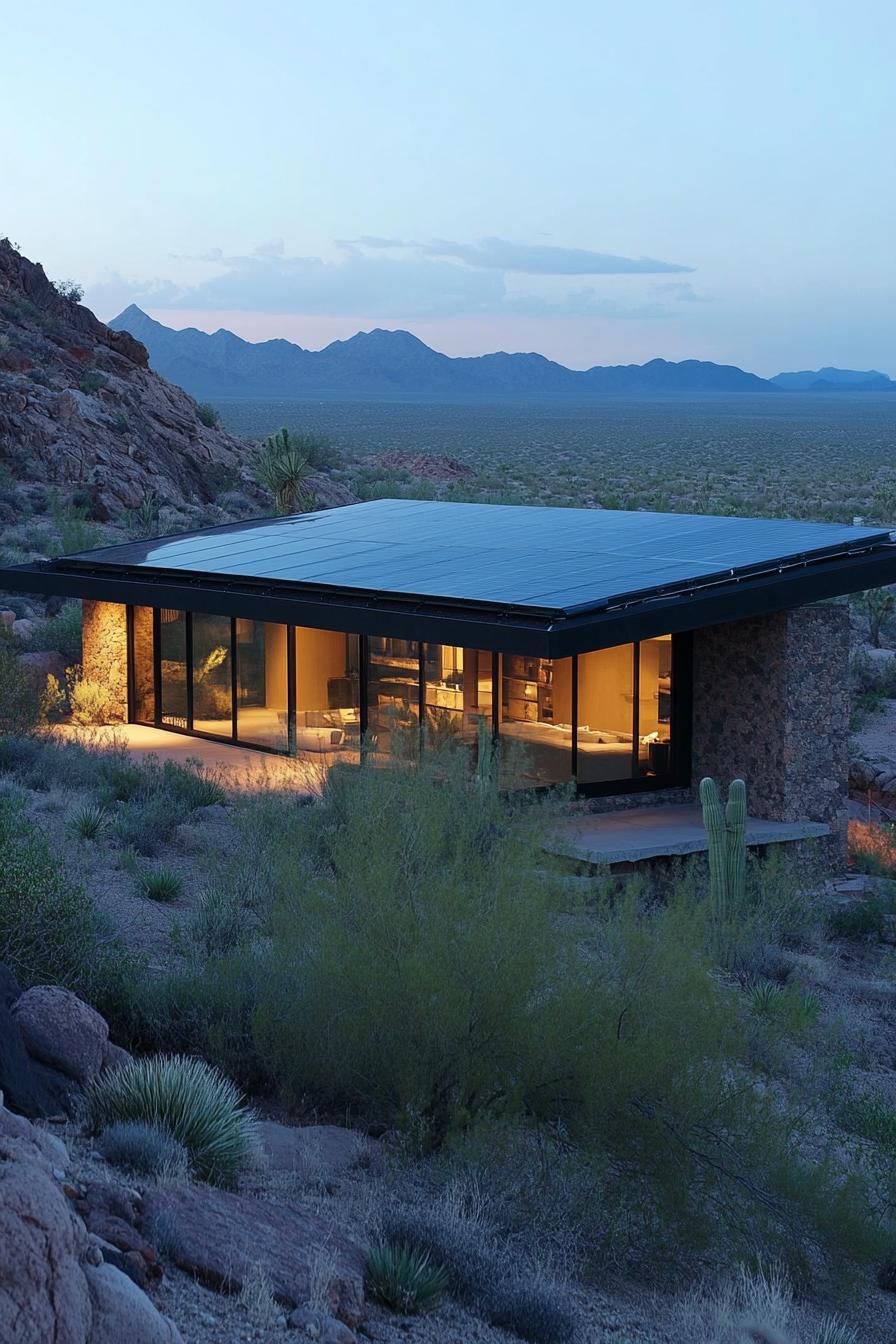 modern desert house with solar panel integrated roof and stunning desert mountain view