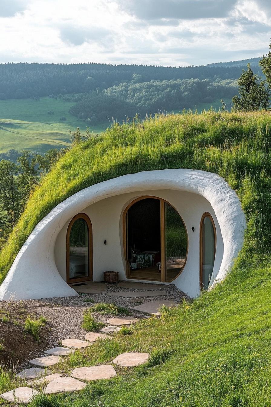 modern earth bermed dome house with grass covered roof in beautiful green valley 1