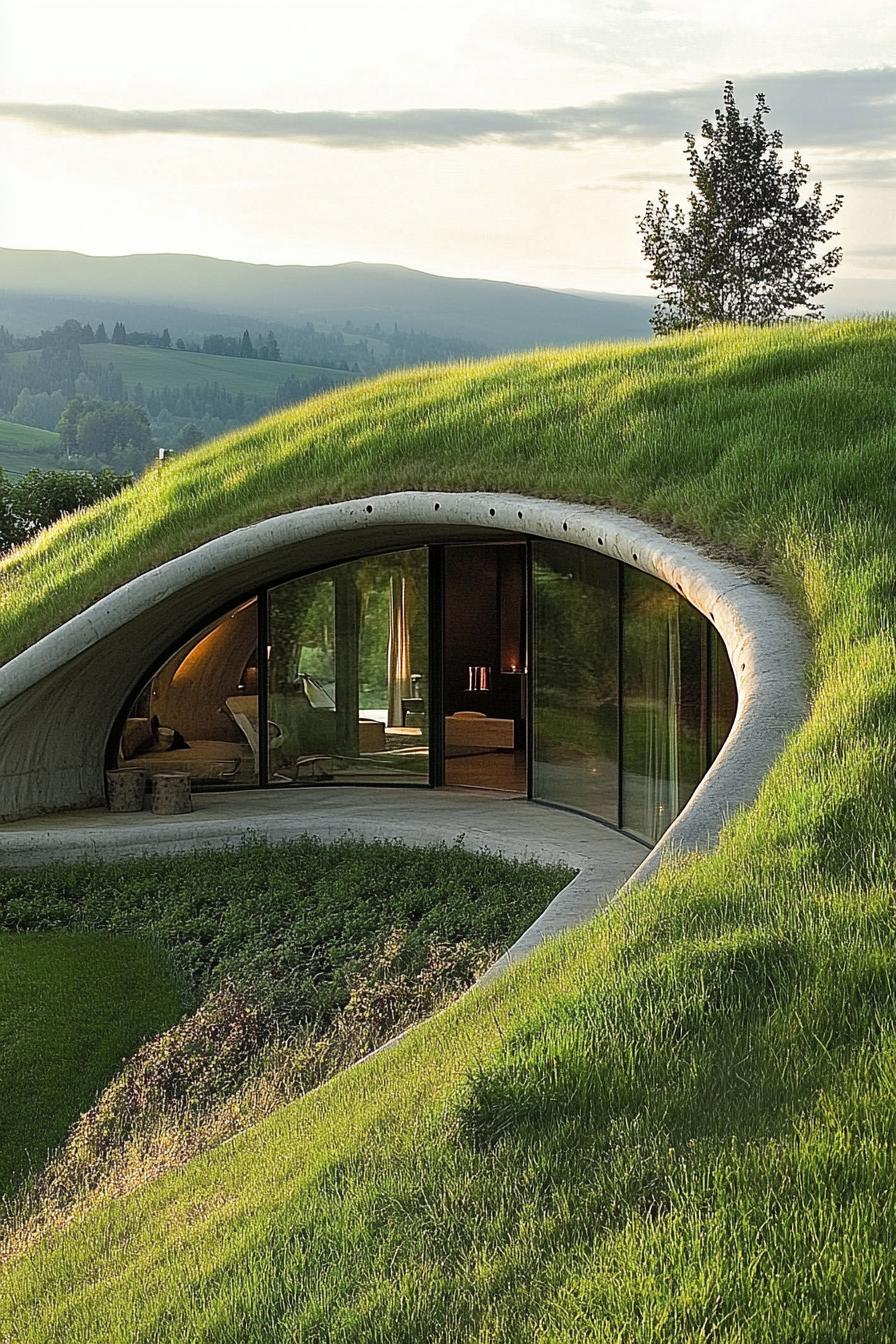 modern earth bermed dome house with grass covered roof in beautiful green valley 2