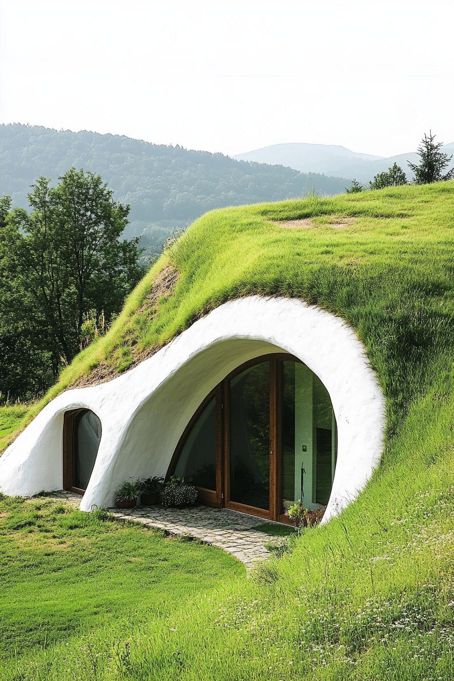 modern earth bermed dome house with grass covered roof in beautiful green valley 3