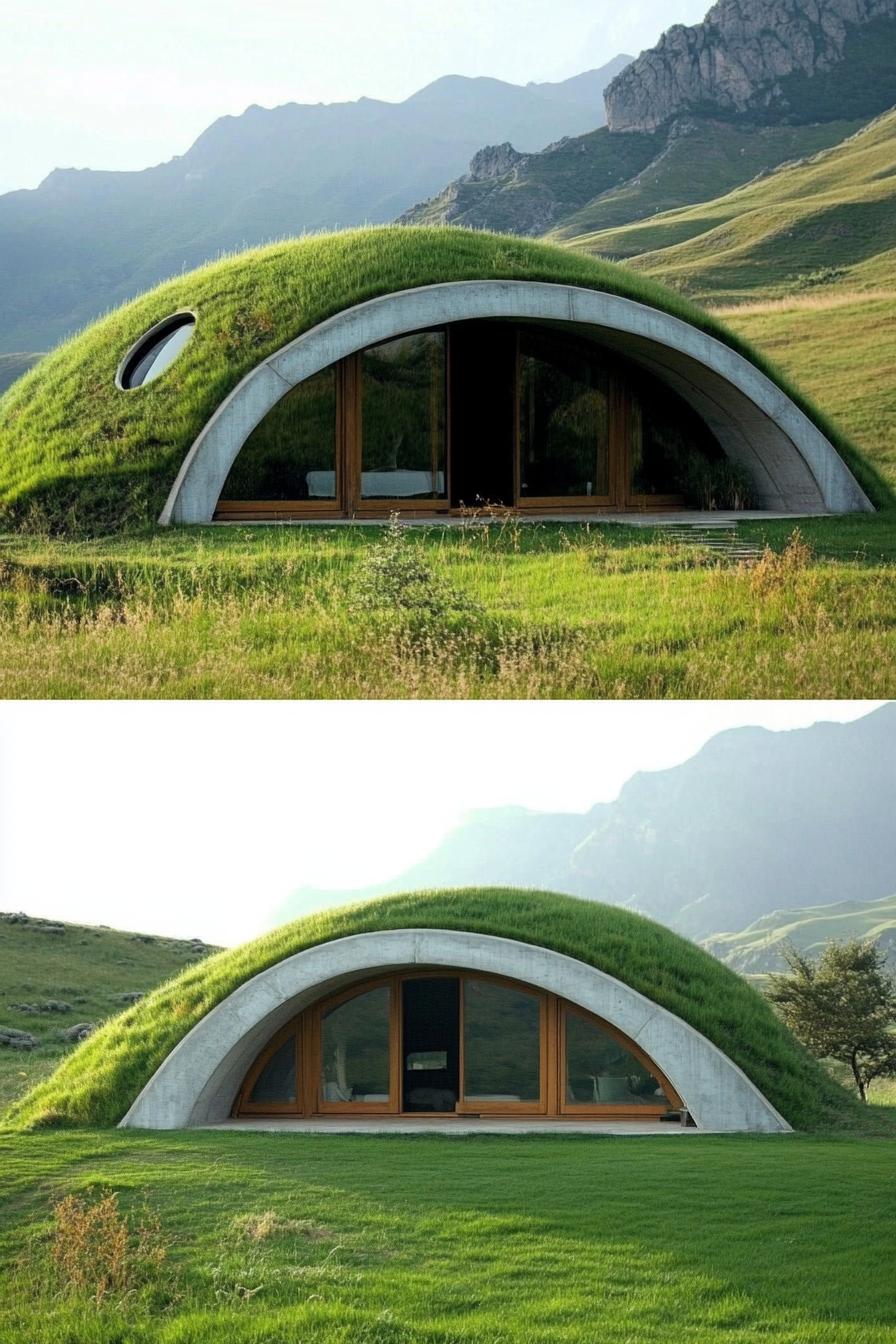 modern earth bermed dome house with grass covered roof in beautiful green valley