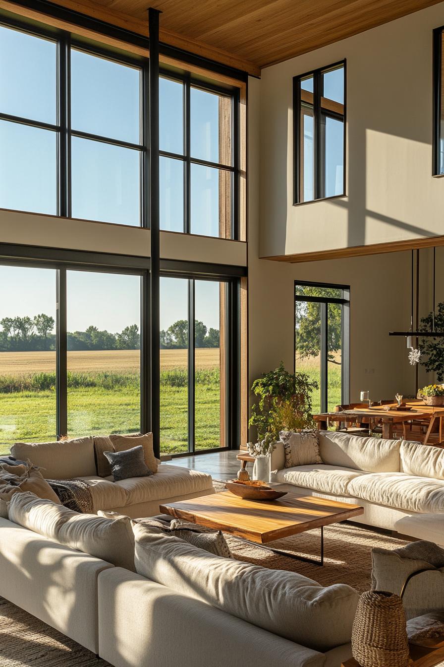 modern farmhouse home L shaped living room with double height ceiling large windows overlooking picturesque farm fields 1