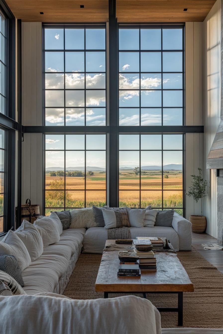 modern farmhouse home L shaped living room with double height ceiling large windows overlooking picturesque farm fields 2