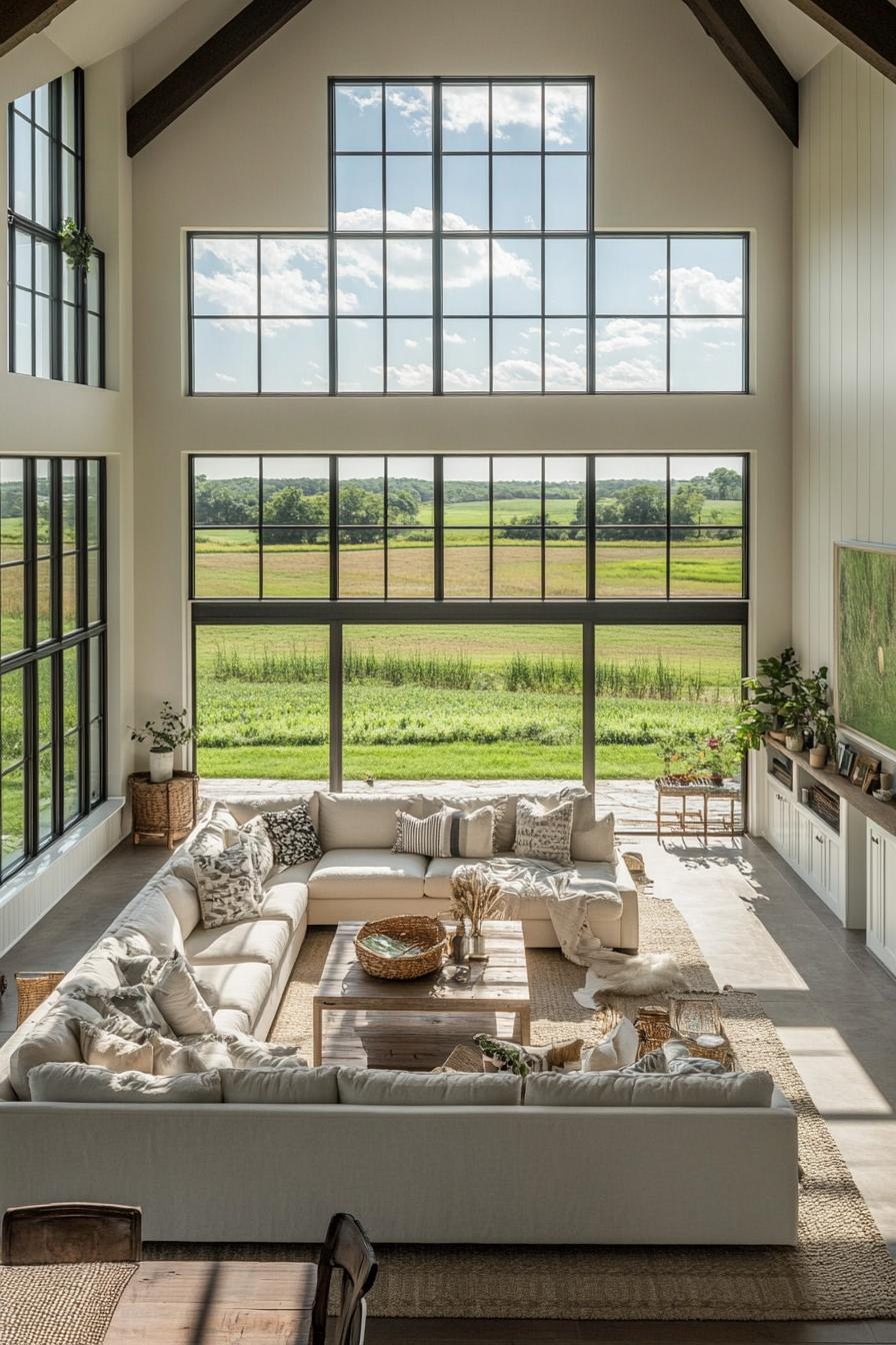 modern farmhouse home L shaped living room with double height ceiling large windows overlooking picturesque farm fields 3