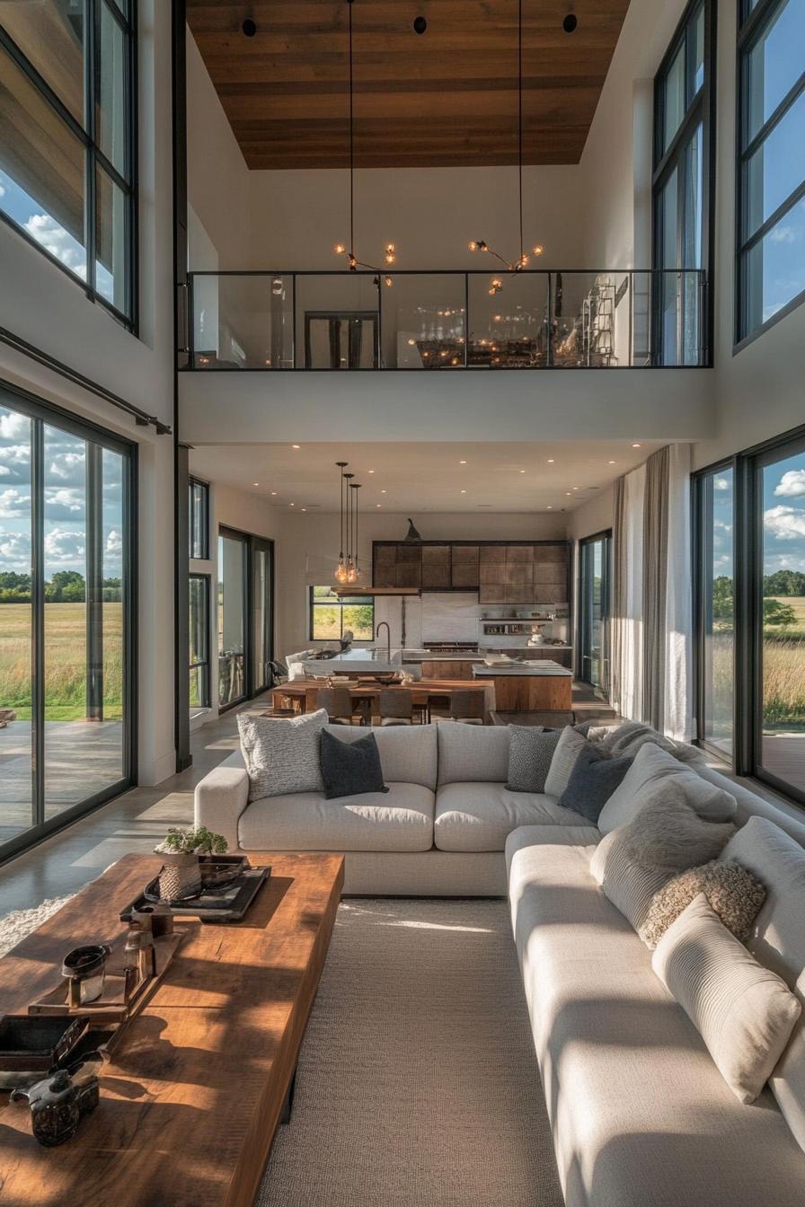 modern farmhouse home L shaped living room with double height ceiling large windows overlooking picturesque farm fields