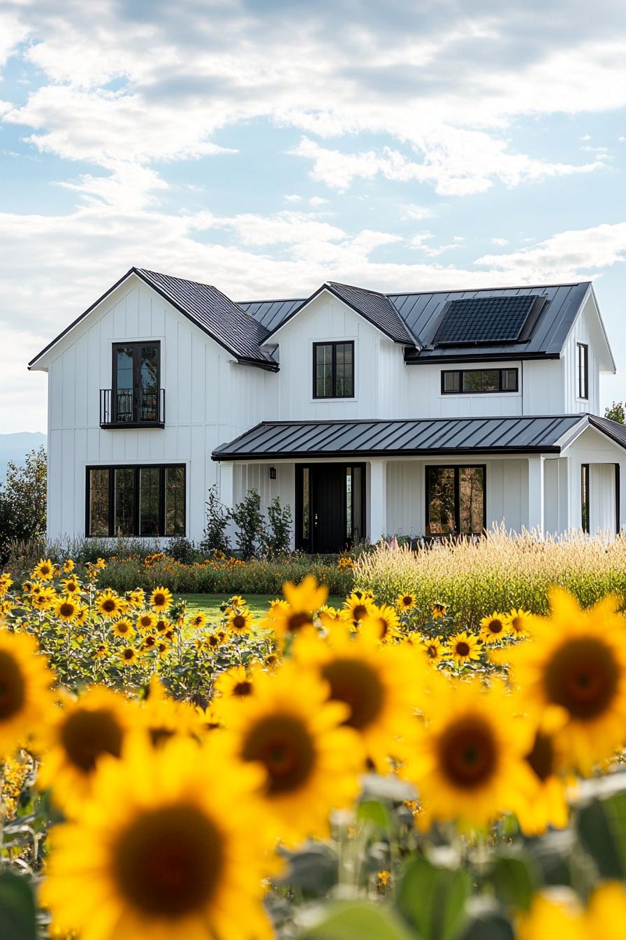 modern farmhouse white house facade with black trim with solar panel roof farm landscape with fields of sunflowers 1