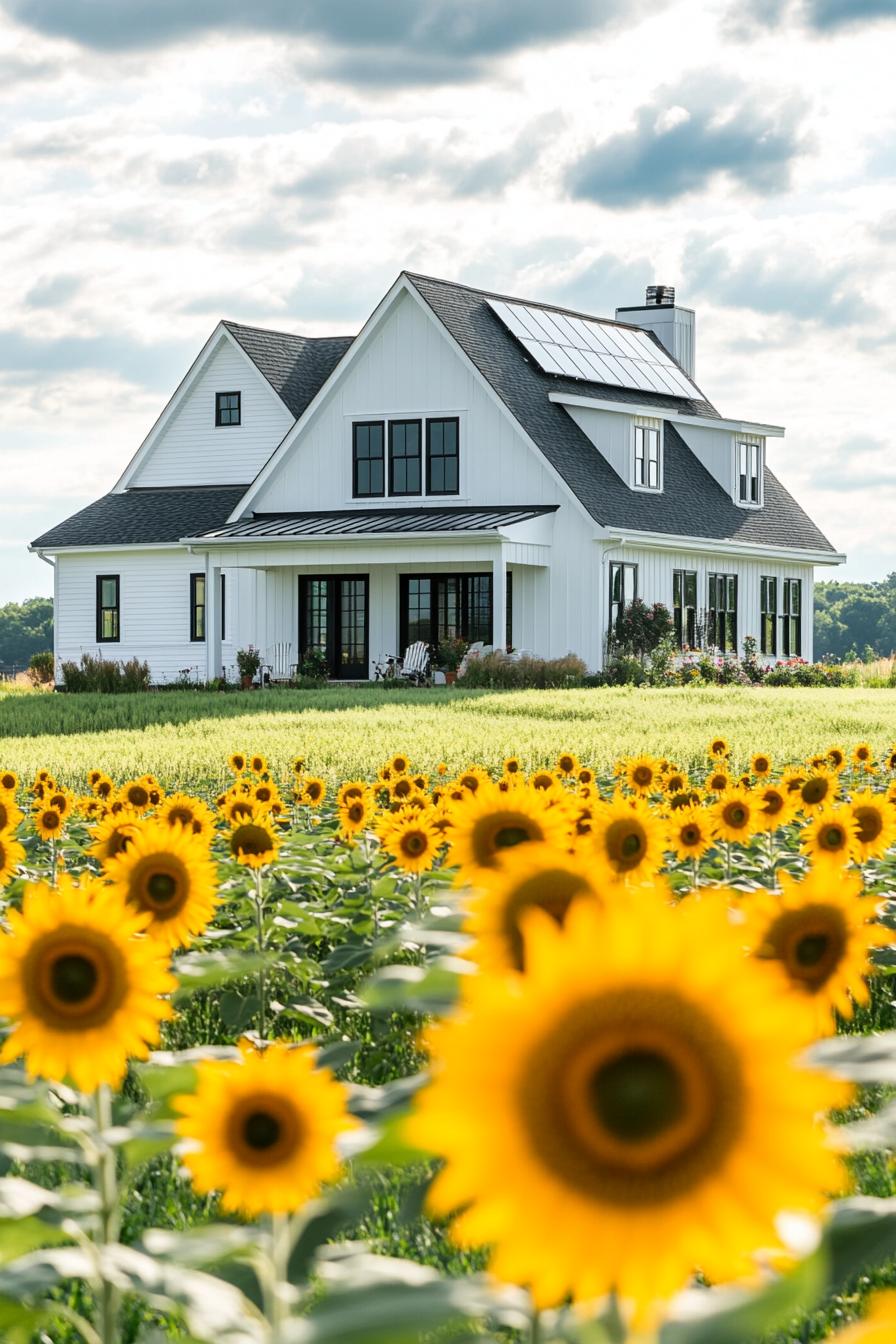 modern farmhouse white house facade with black trim with solar panel roof farm landscape with fields of sunflowers 2