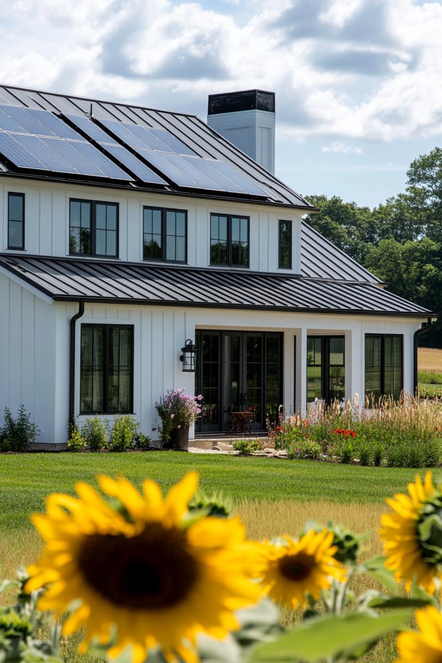 modern farmhouse white house facade with black trim with solar panel roof farm landscape with fields of sunflowers 3