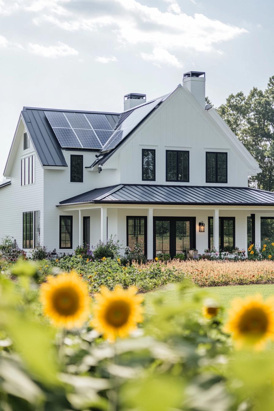 modern farmhouse white house facade with black trim with solar panel roof farm landscape with fields of sunflowers