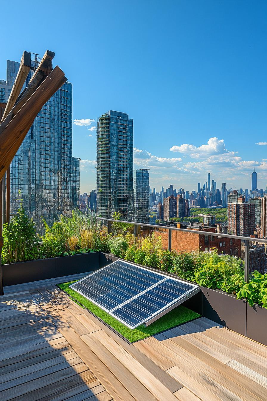 modern green rooftop balcony with a solar panel and stunning city views 2