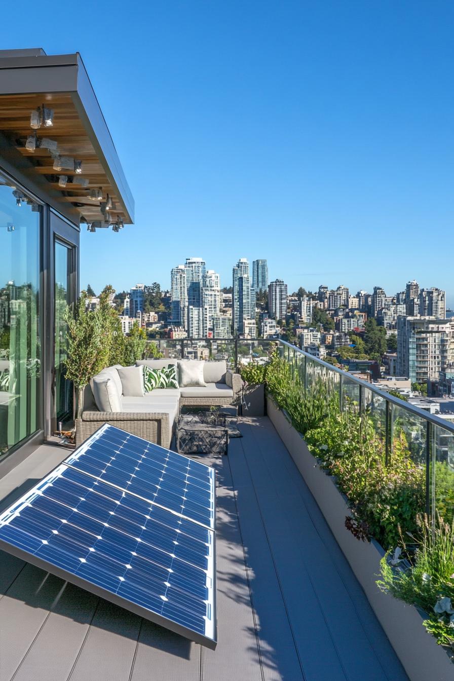 modern green rooftop balcony with a solar panel and stunning city views