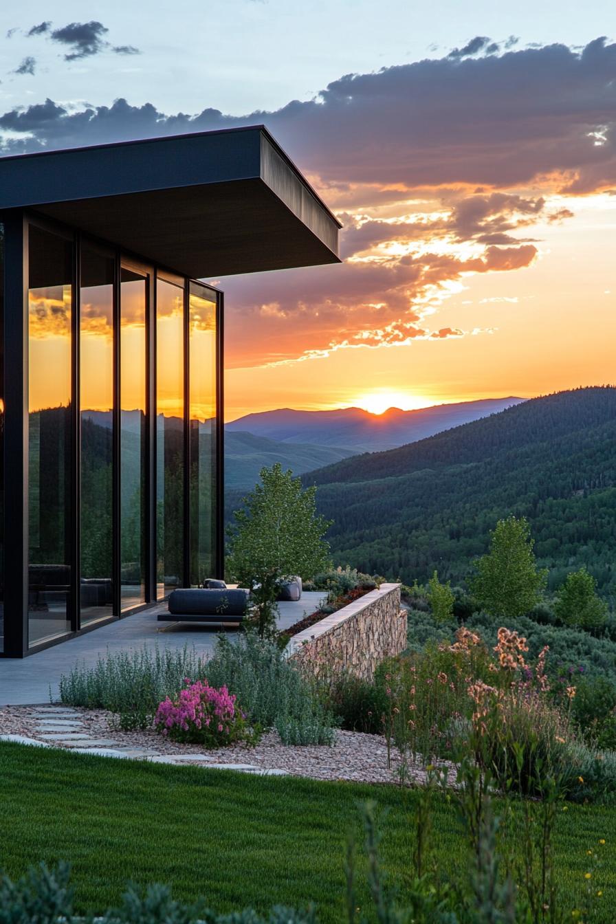 modern house exterior full wall windows reflecting sunset in stunning green mountains 1