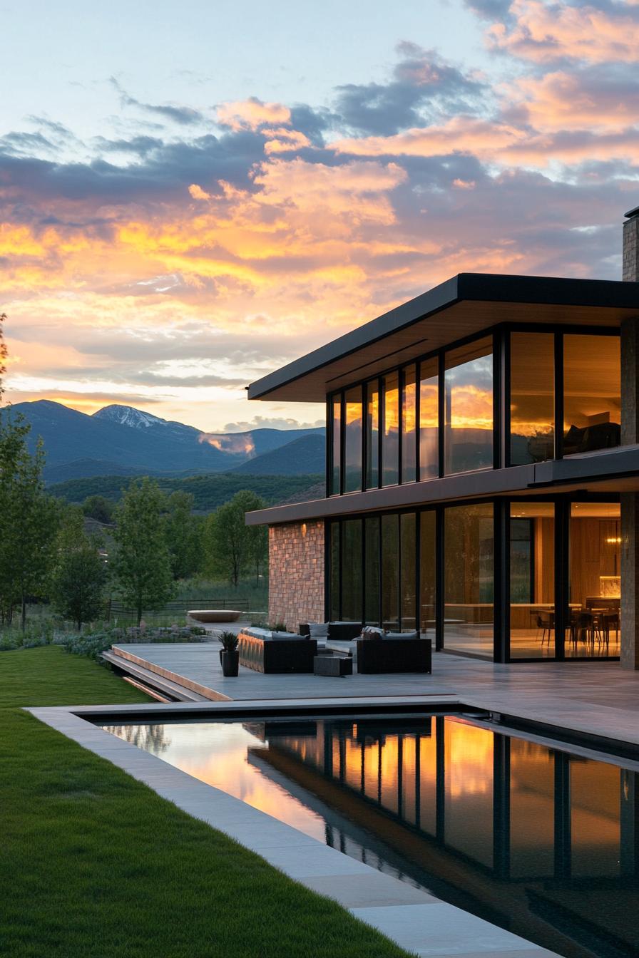 modern house exterior full wall windows reflecting sunset in stunning green mountains 2