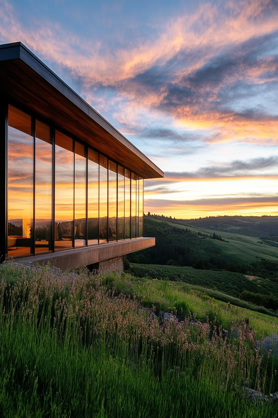 modern house exterior full wall windows reflecting sunset in stunning green mountains 3