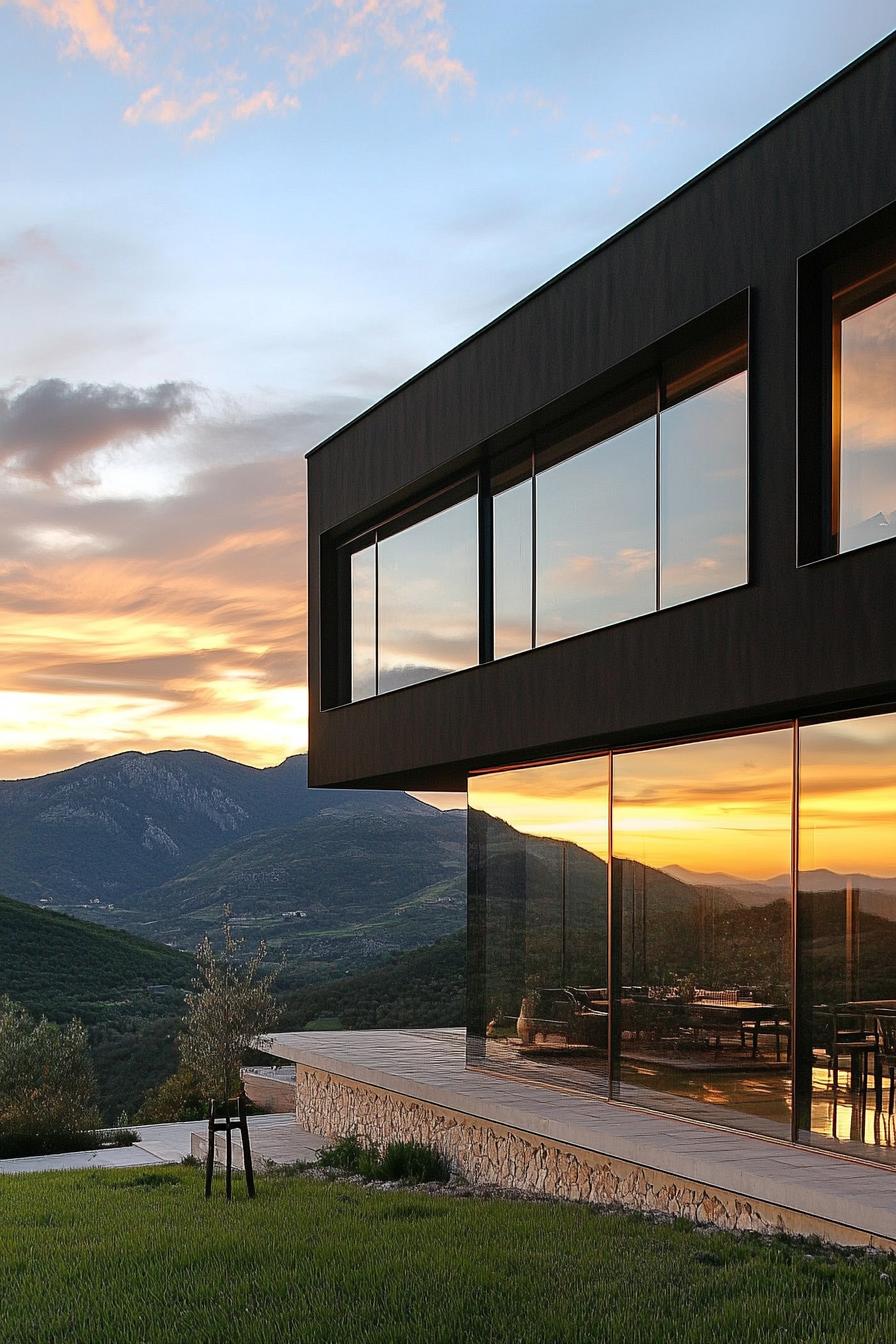 modern house exterior full wall windows reflecting sunset in stunning green mountains