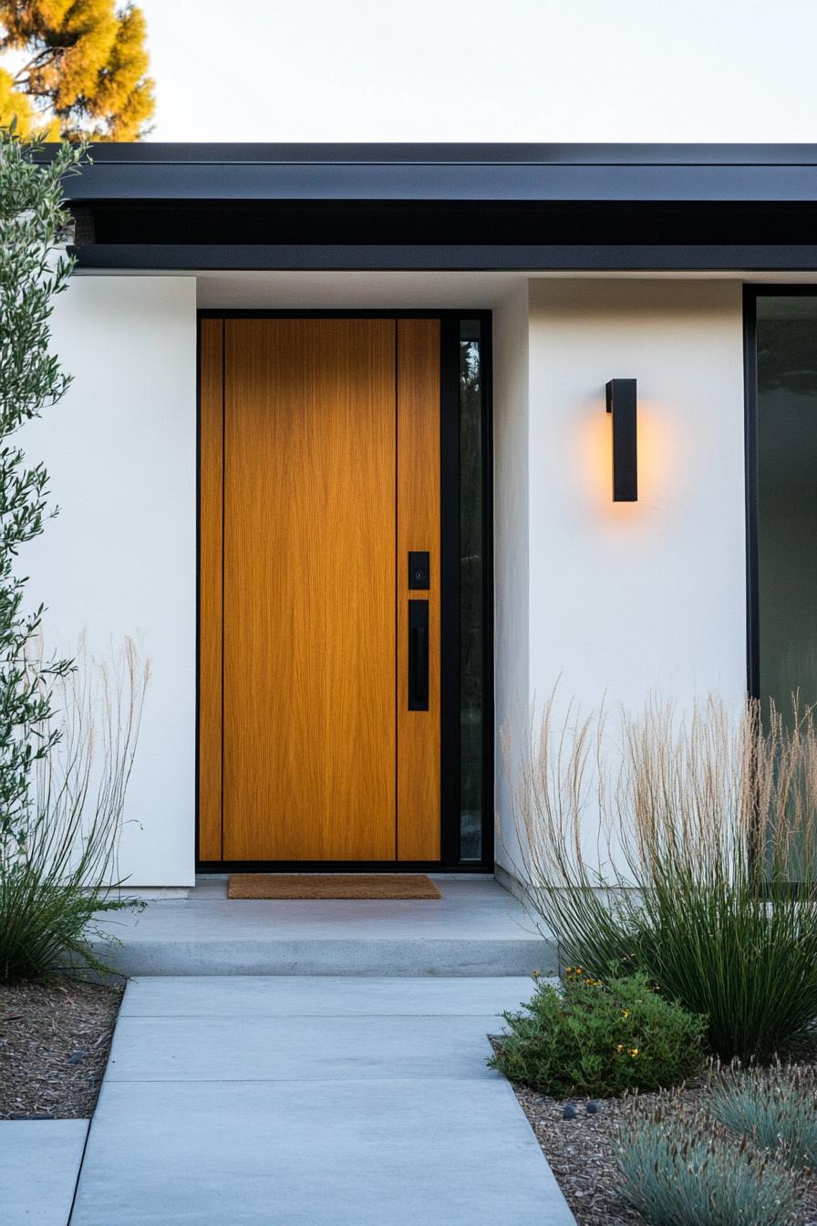 modern house front yard Bold Mustard Yellow Door With Sleek Black Hardware 1