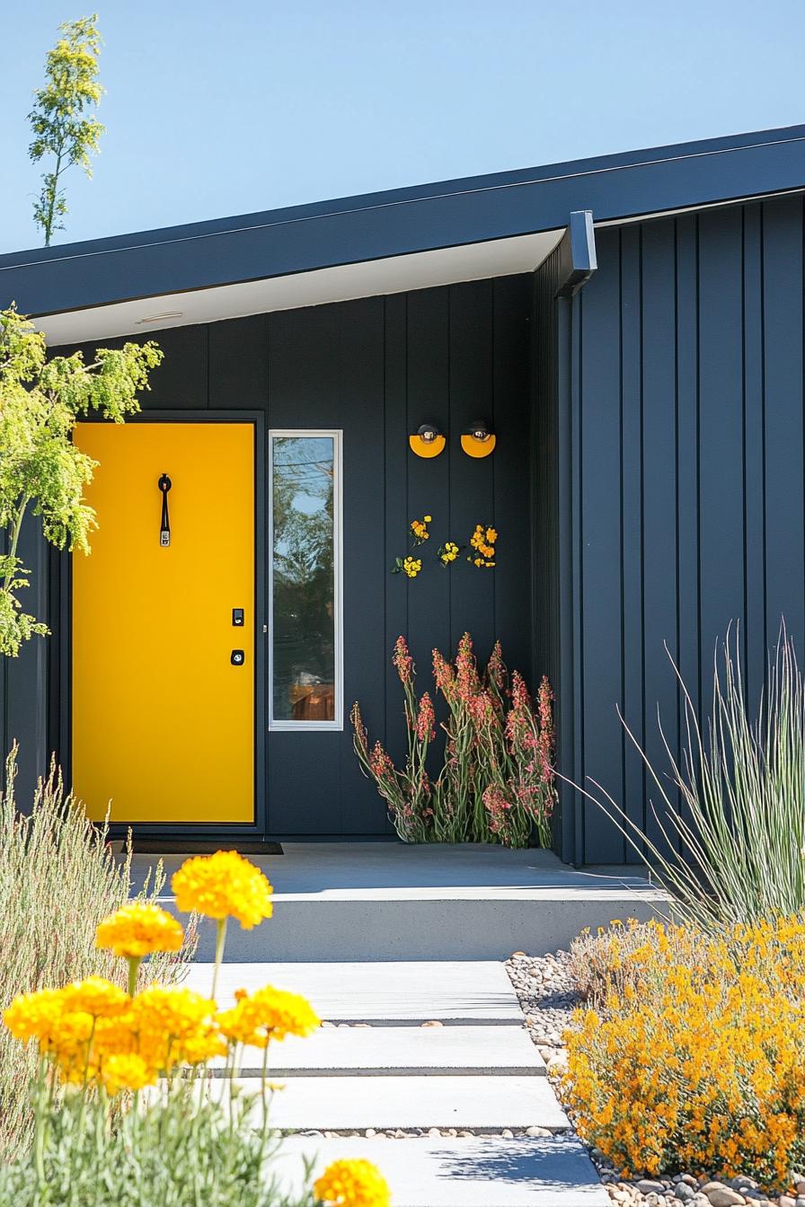 modern house front yard Bold Mustard Yellow Door With Sleek Black Hardware 2