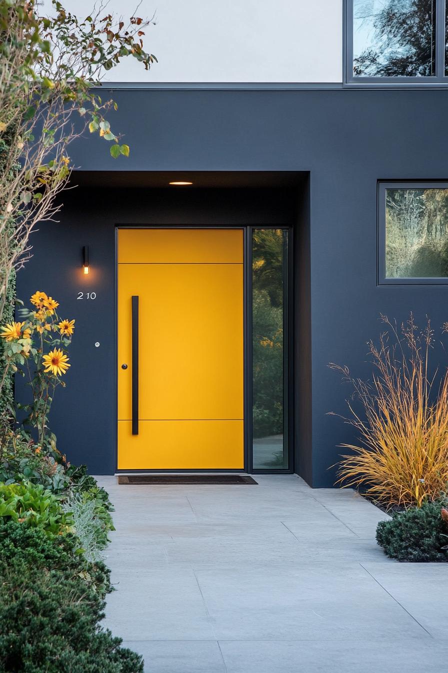 modern house front yard Bold Mustard Yellow Door With Sleek Black Hardware 3