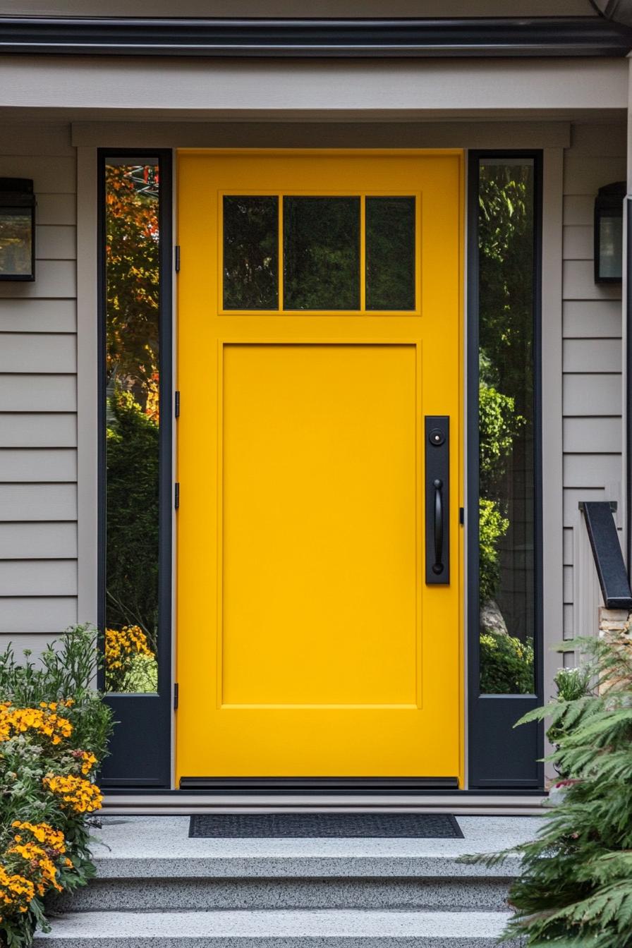 modern house front yard Bold Mustard Yellow Door With Sleek Black Hardware