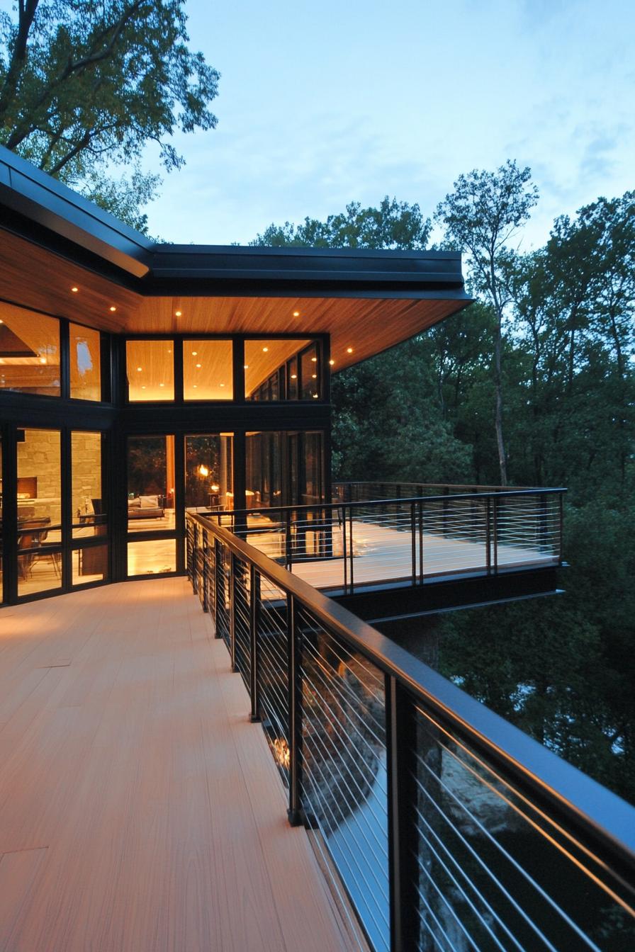 modern house glass encased wraparound deck with steel rails