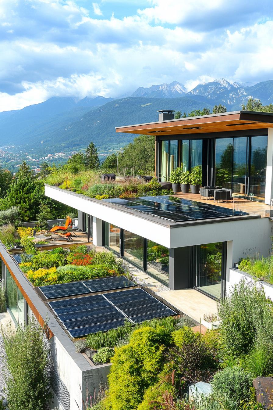 modern house green roof garden with solar panels lush mountain views 1