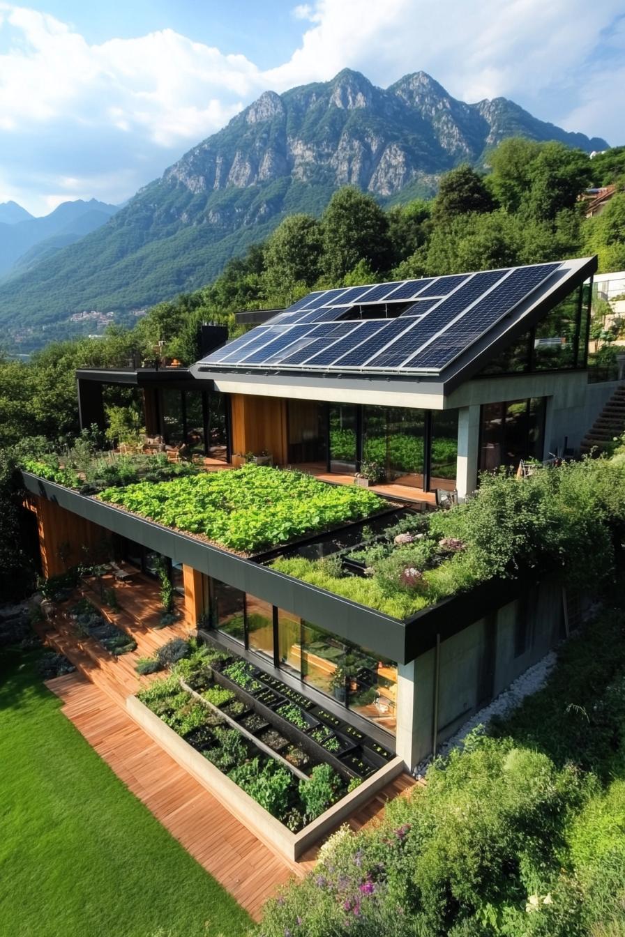 modern house green roof garden with solar panels lush mountain views 2