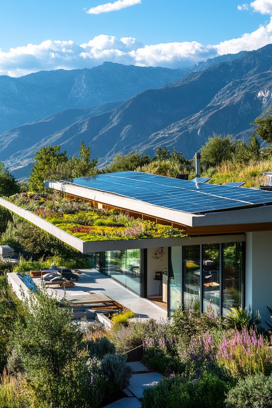 modern house green roof garden with solar panels lush mountain views 3