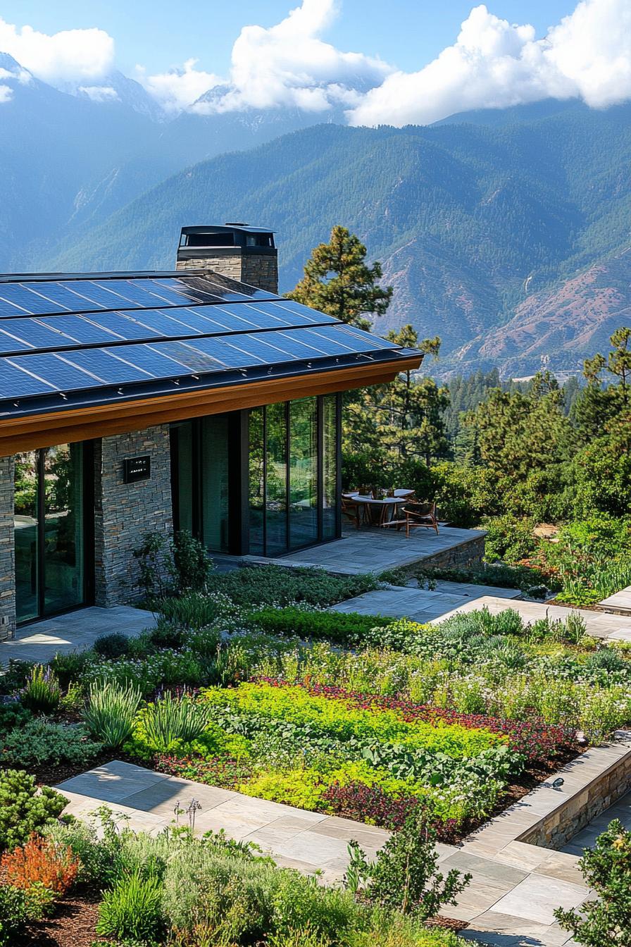 modern house green roof garden with solar panels lush mountain views