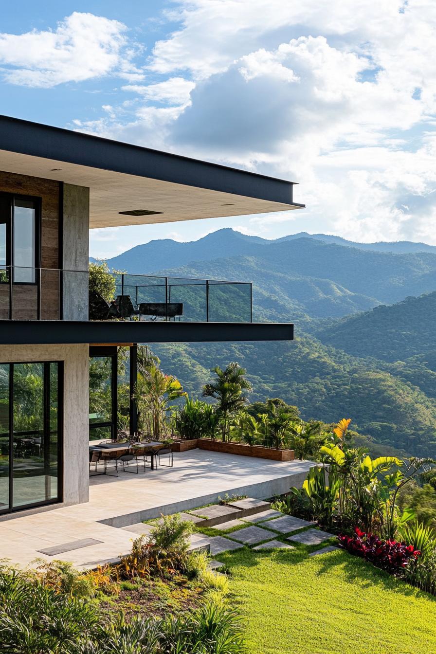 modern house on a slope with terrace gardens and tropical mountain views