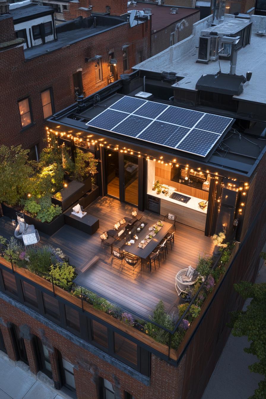 modern house rooftop deck with a solar panel and outdoor kitchen 1