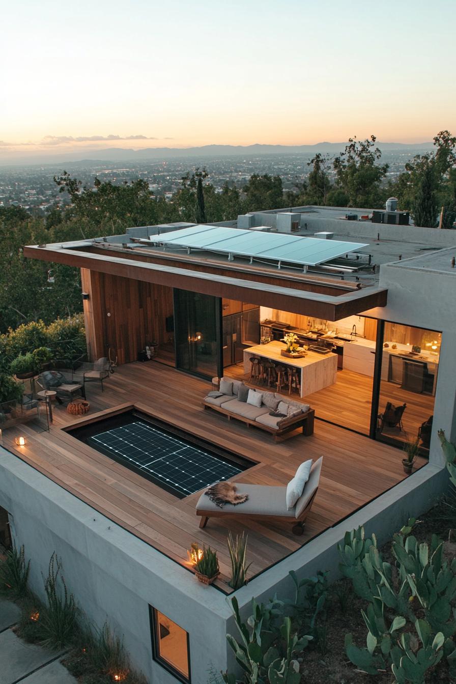 modern house rooftop deck with a solar panel and outdoor kitchen 3